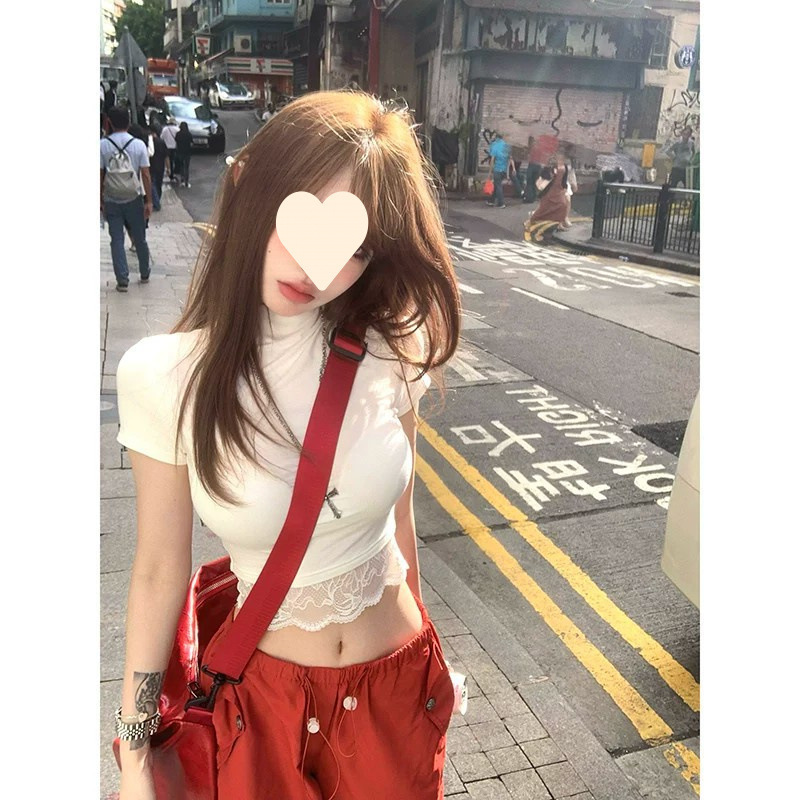 American-Style Spicy Girl Pure Desire Lace White T-Shirt for Women, Subculture Y2K High-Neck Tight-Fitting Sexy Short Top for Summer