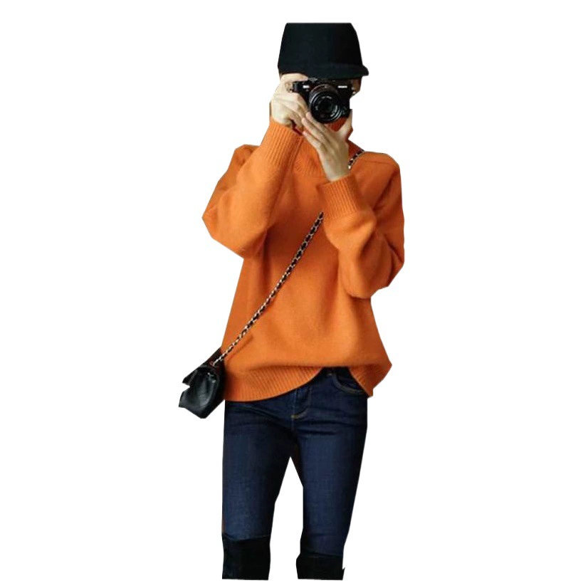 Новый оранжевый высокий воротник женский толстый пуловер свитер свободный ленивый стиль модный трикотажный свитер