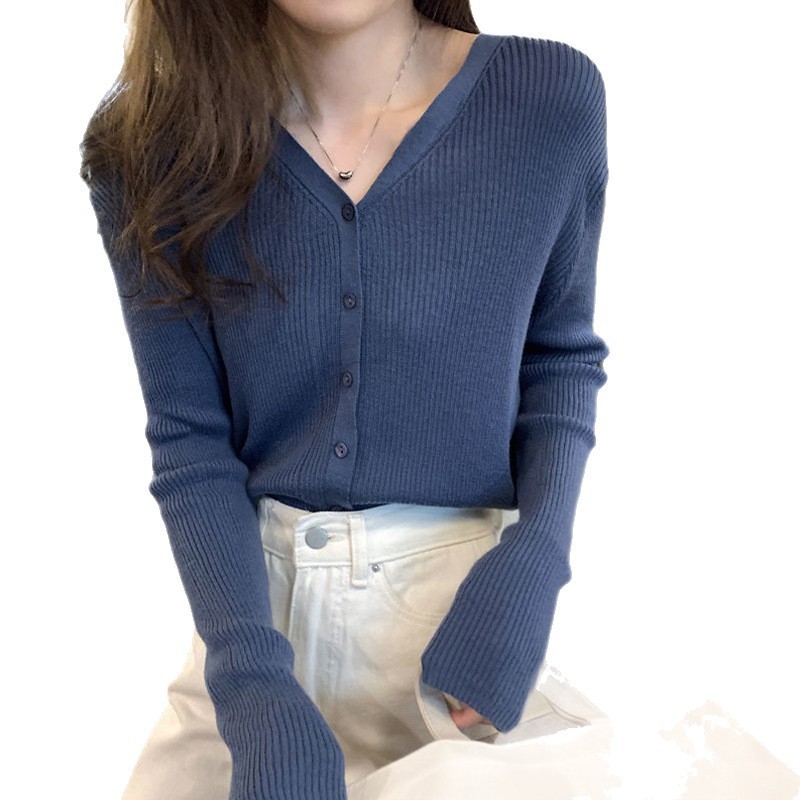 针织衫女v领开衫2025新款黑色薄款打底上衣春秋灰色内搭毛衣外套|undefined