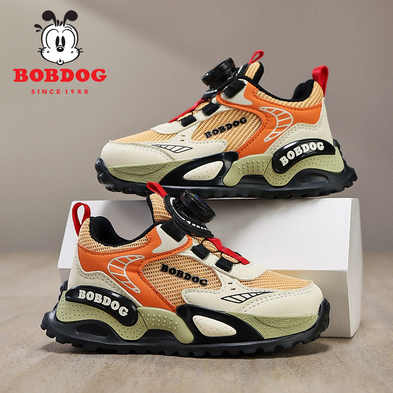 Babu Bean zapatos para niños primavera y otoño 2025 nuevo botón giratorio zapatos de niños de tamaño medio y grande malla transpirable zapatos deportivos para niños