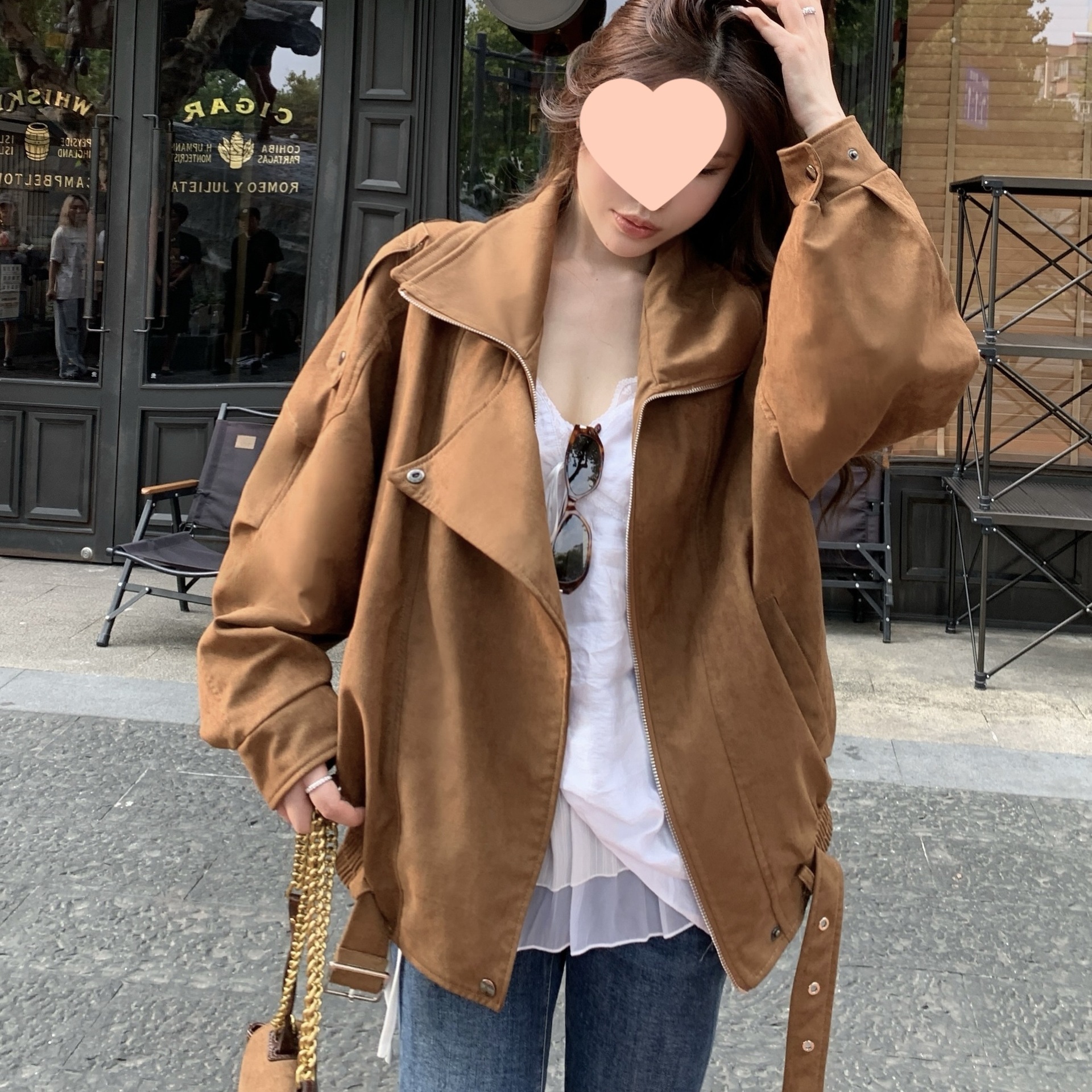 Maillard Retro Brown Suede Motorcycle Jacket Women's 2025 Autum New Workwear Leather Jacket Top Jacket