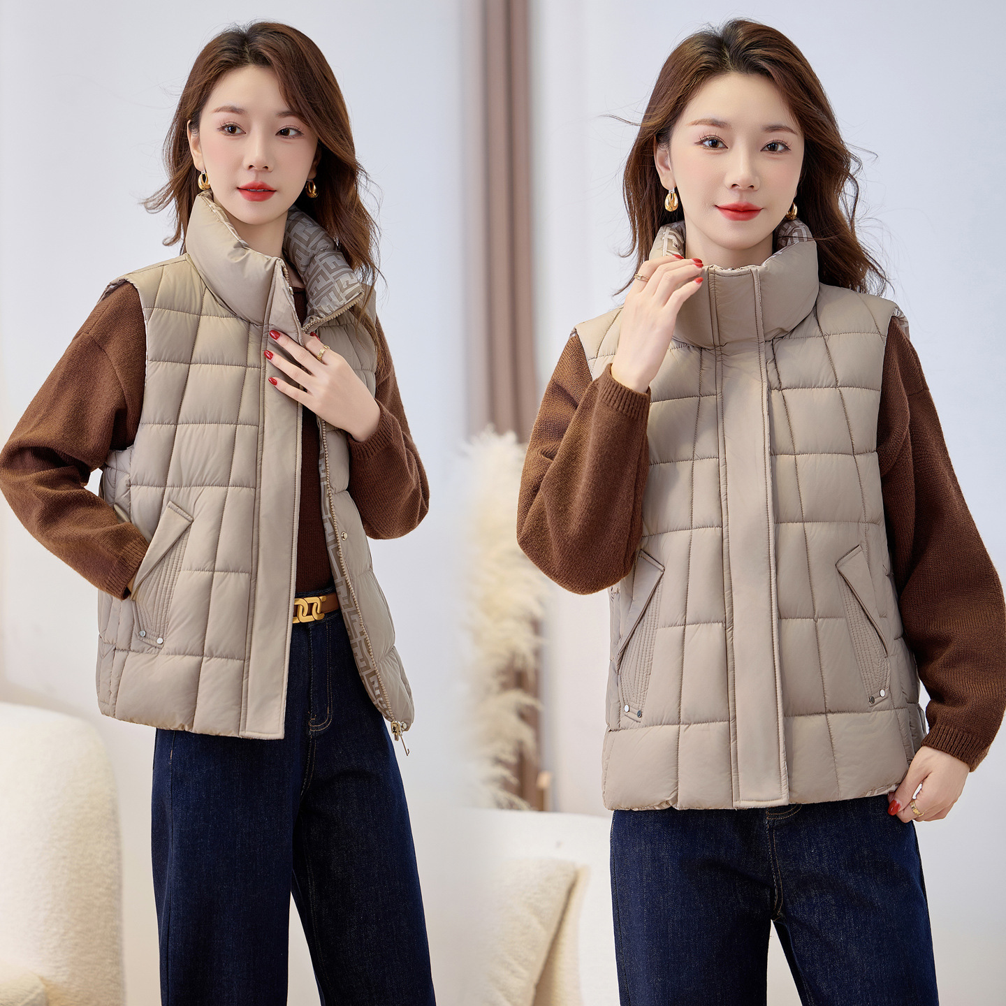 Los dos lados usan un chaleco de algodón de plumón de estilo europeo y americano, chaleco de invierno corto de 2025 con cuello vertical, chaqueta gruesa de hombro de mediana edad image 3