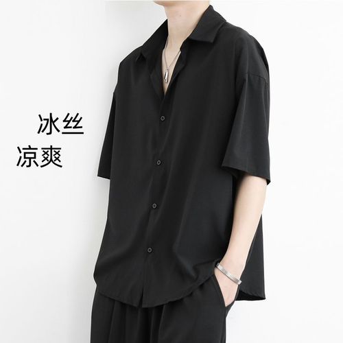 Ice silk short-sleeve summer fashion brand men's casual jacket, high-end, cool and stylish black shirt, thin, loose type