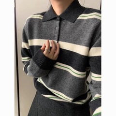 撞色条纹洋气针织衫女韩系秋季上衣新款宽松慵懒毛衣百搭减龄潮