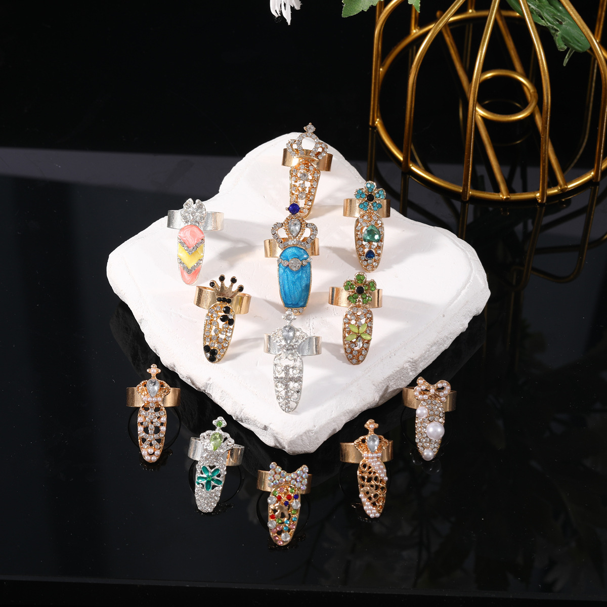 Cross-Border European and American Full Diamond Manicure Rings Popular Fashion Simple Joint Nail Rings Alloy Jewelry Crown Wholesale