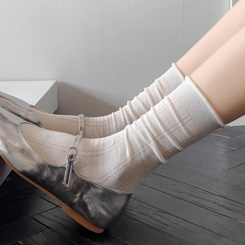Off-White Pile Socks Spring and Summer Mesh Breathable Sweat-Absorbent Trendyy Curled Women's Socks Loose Leg-Proof Confinement Socks