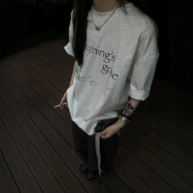 Korean "Everything Gone" Time Slogan Hourglass Print Sorona Short-Sleeve T-Shirt Top