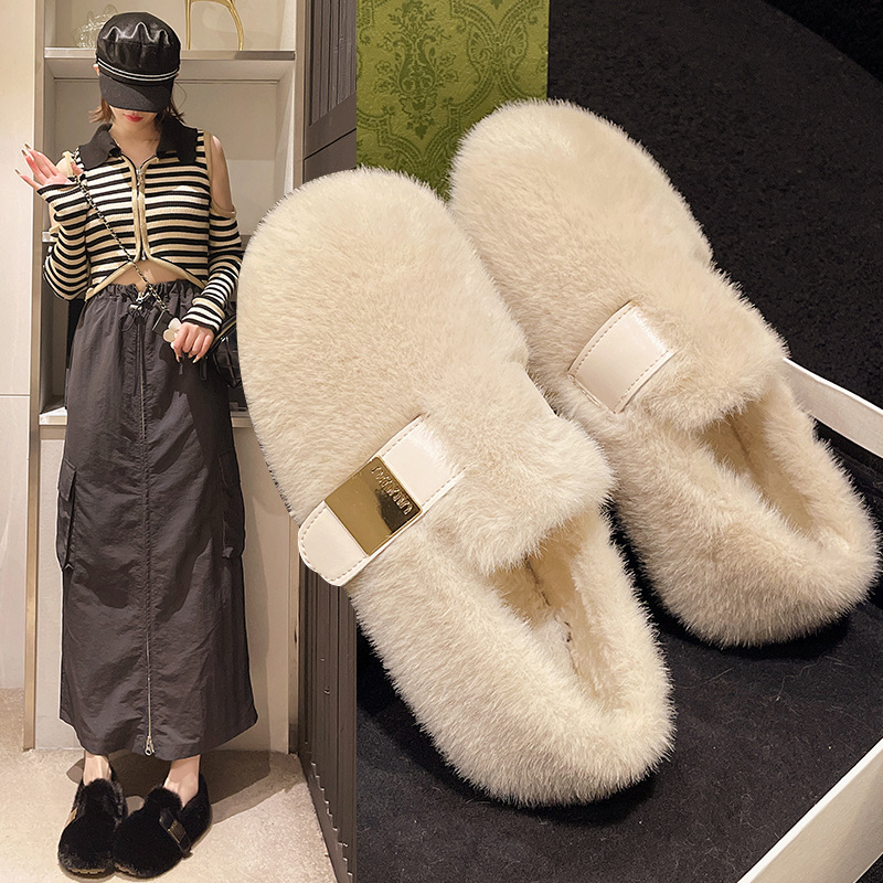 法式白色毛毛鞋女外穿2025新款秋冬一脚蹬高级感水貂毛绒豆豆棉鞋