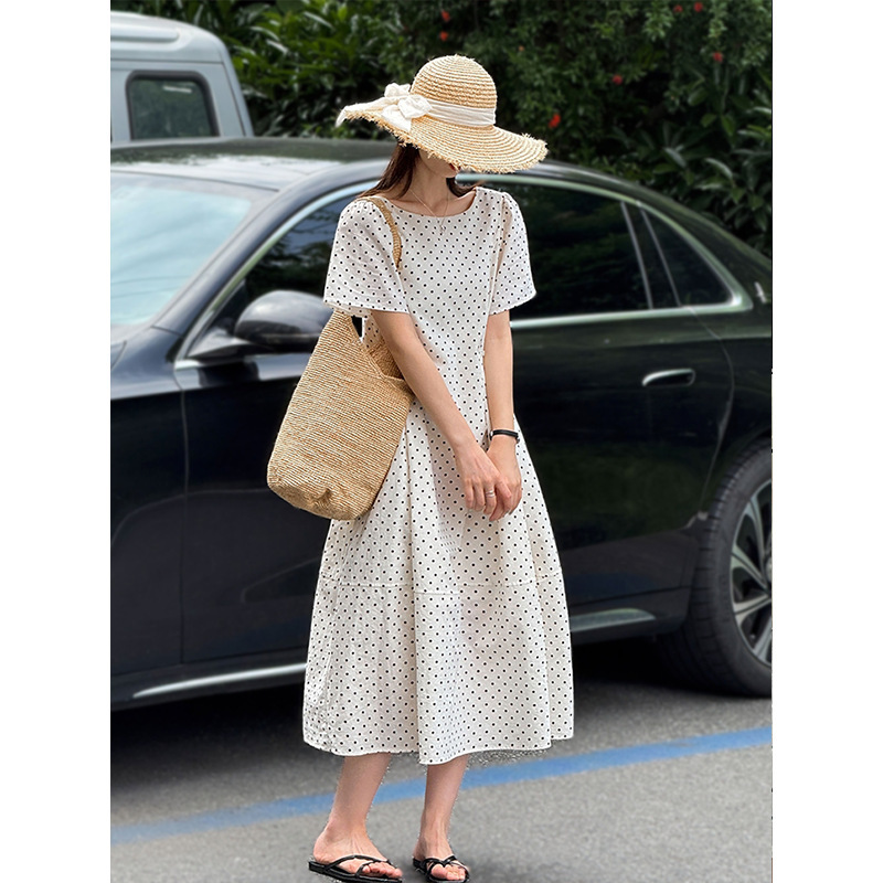 Orange Zhi's New Summer Style Korean-Style High-End Elegant Polka-Dot Waist-Cinching Linen Dress 9950-1
