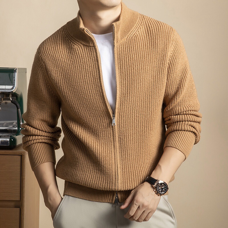 5-Pin Thickened Ingot Needle Stand Collar Wool Cardigan Men's Autumn and Winter 100% Pure Wool Knit Jacket Versatile Top