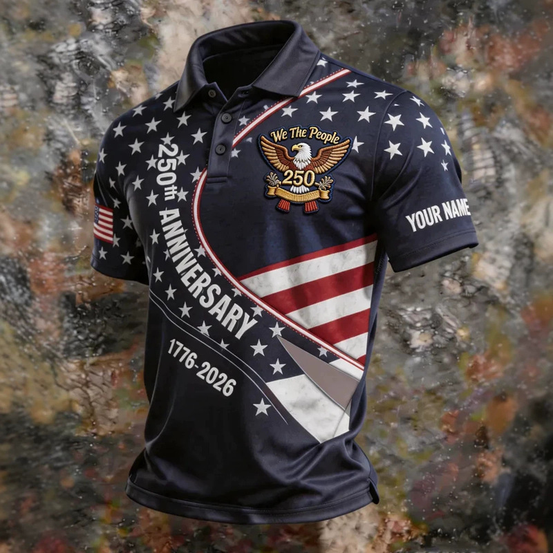 2026 Cross-Border Independent Website New Men's Short-Sleeve Polo Shirt Anniversary Edition with American Flag Print and Buttons