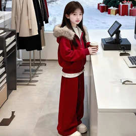 女童冬装帽领连帽外套两件套2025新款中大童韩版红色喜庆年服套装