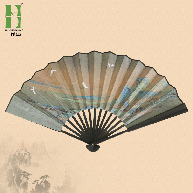 Ventilador plegable de estilo antiguo al por mayor 10-inch mil millas de montañas imagen ventilador plegable Moda nacional estilo antiguo ventilador de los hombres danza ventilador femenino imagen de paisaje verde