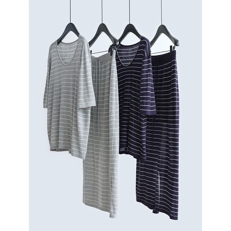 Relaxed Striped Summer Set: U-Neck Knit Top with Loose Short Sleeves + Straight Drawstring Long Skirt Two-Piece Set