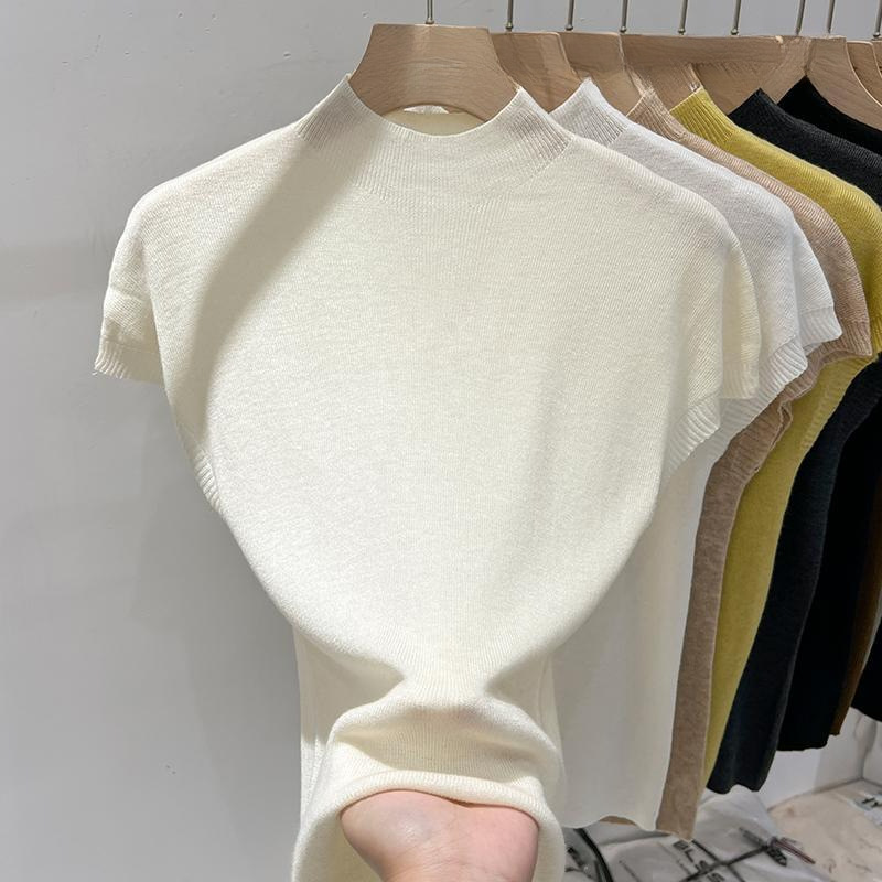 半高襟飛袖ニット服女性夏2025新型欧品修身袖なし上着底シャツ女性インナー|undefined