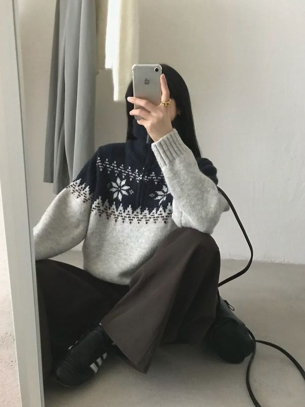 韩系费尔岛圣诞雪花高领毛衣女秋冬新款保暖宽松针织衫上衣女1308|undefined