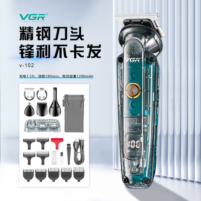 VGR102 투명 디지털 디스플레이 오일 헤드 이발기, 다기능 6-in-1 전신 세척 가능 코털 면도 이발기