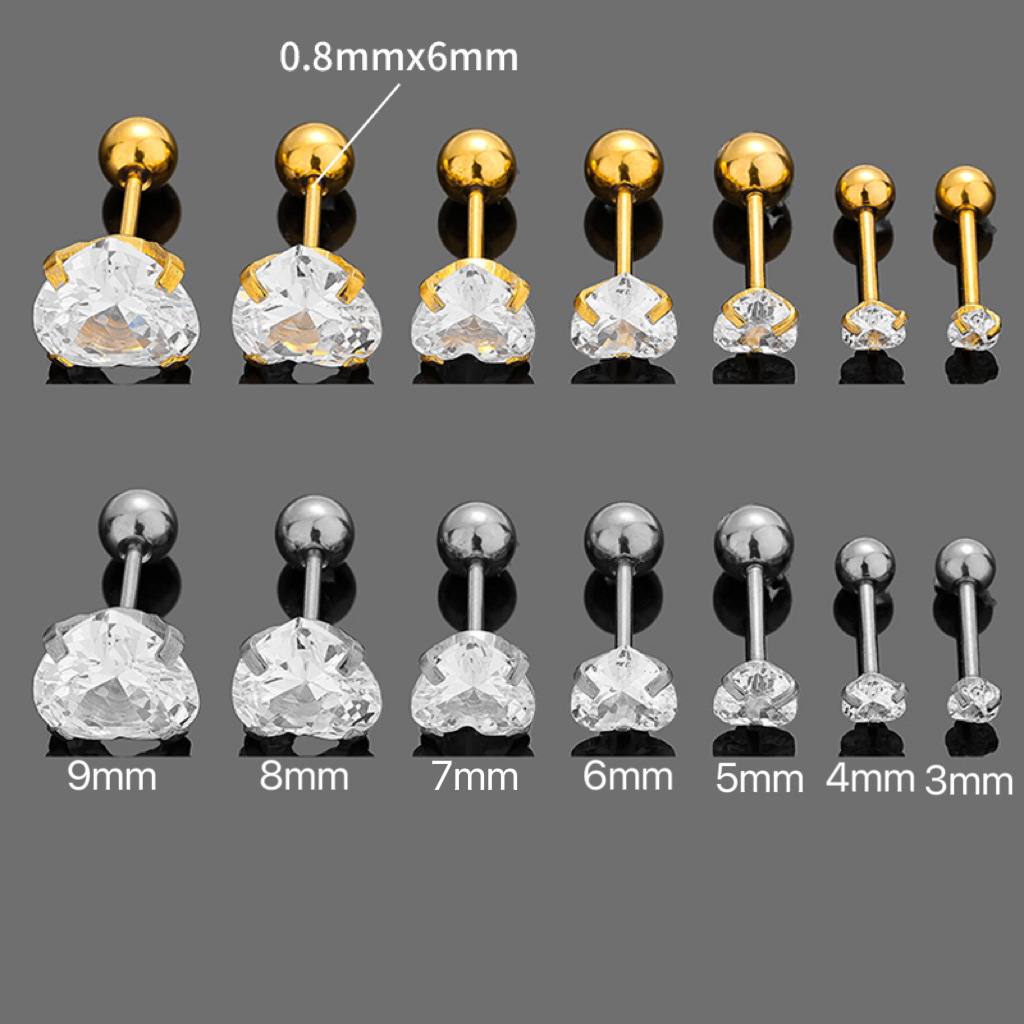 316L Stainless Steel Ear Needle Material 1 Piece 316L Stainless Steel Zircon Ear Cartilage Rings & Studs Heart Shape Waterproof Non Tarnish Surgical Steel