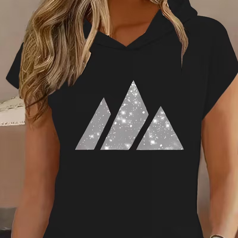 Cross-Border European and American Style Glitter Snow Mountain Triangle Print V-Neck Hooded Short-Sleeve Women's Casual Versatile T-Shirt