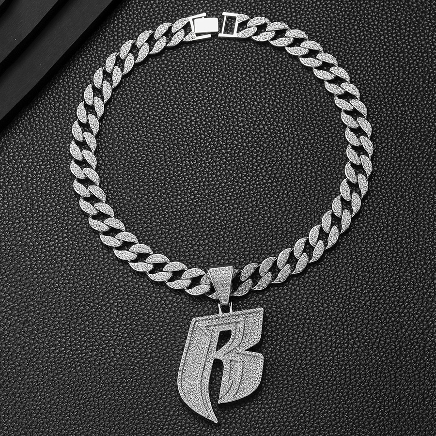 Men's Punk Style Accessories Personalized Jewelry Hip Hop Full Diamond Letter B Pendant with 15mm Cuban Necklace_voghion.com