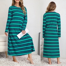 2025年春季新款欧美跨境文艺复古连衣裙宽松休闲慵懒条纹撞色女装