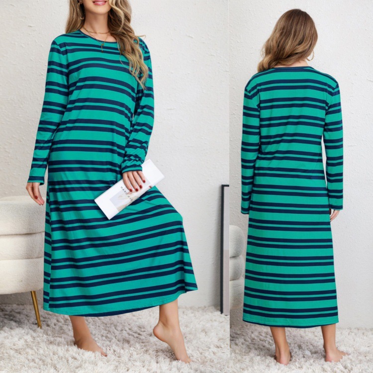 2025年春季新款欧美跨境文艺复古连衣裙宽松休闲慵懒条纹撞色女装