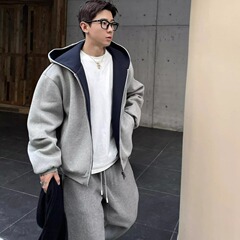 美式高级感连帽拉链卫衣男2025新款秋季潮牌简约拼色情侣开衫外套