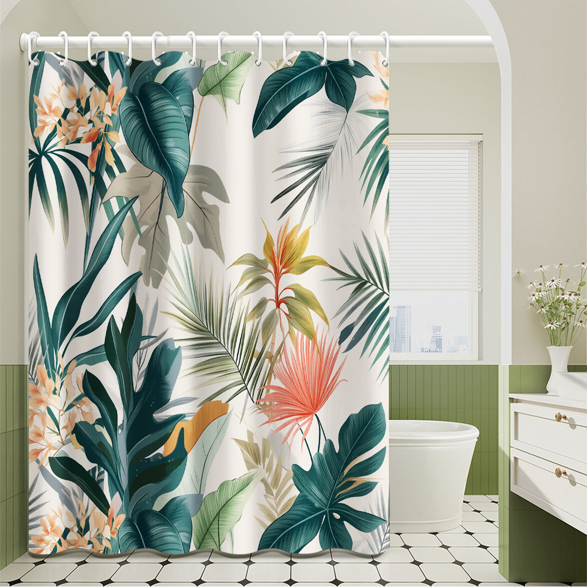 Foreign Trade Cross-border Tropical Plant Leaf Partition Polyester Waterproof Shower Ready-made Fabric Curtains, Direct_voghion.com