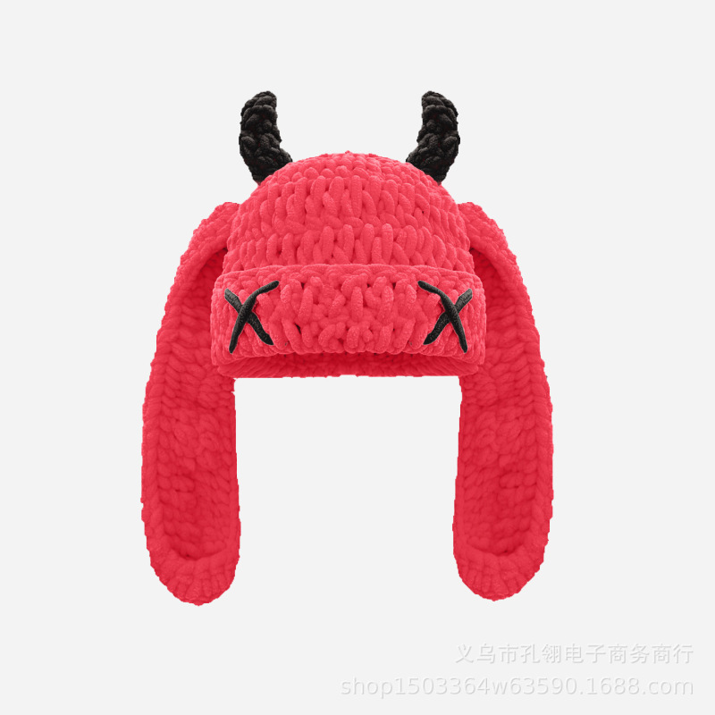 日系甜美多巴胺小恶魔毛线帽子女秋冬新款户外百搭保暖加厚针织帽|undefined