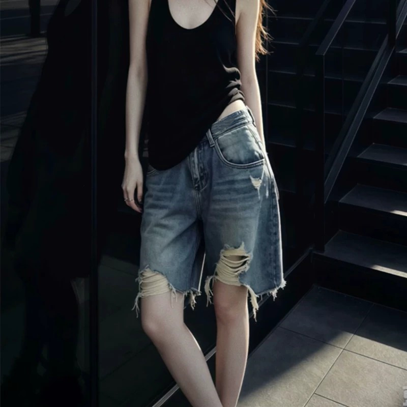 American-Style Ripped Blue Denim Shorts for Women, 2026 Summer New High-Waisted Straight-Leg Frayed Hem Casual Mid-Length Shorts American-Style Ripped Blue Denim Shorts for Women, 2026 Summer New High-Waisted Straight-Leg Frayed Hem Casual Mid-Length Shorts