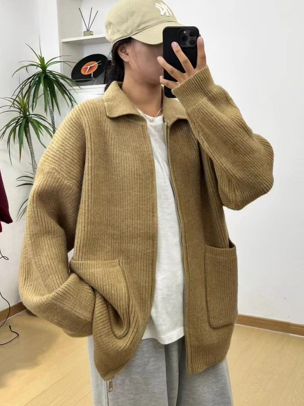 高级感慵懒风翻领拉链针织开衫女秋冬新款宽松软糯厚毛衣外套上衣|undefined