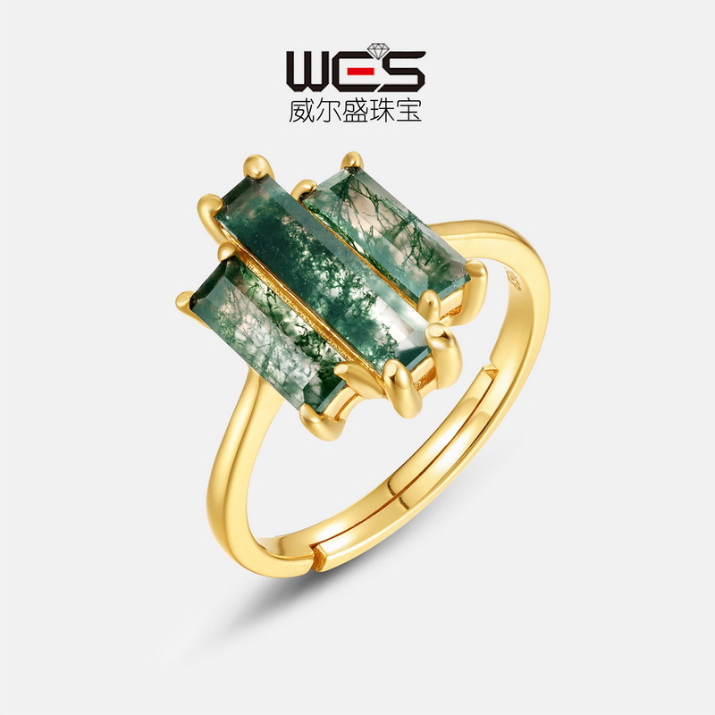 Comercio exterior de Amazon exclusivamente para personalidad exagerada, anillo de dedo alimentador de piedra de musgo verde natural S925 anillo de ágata de hierba con incrustaciones de plata