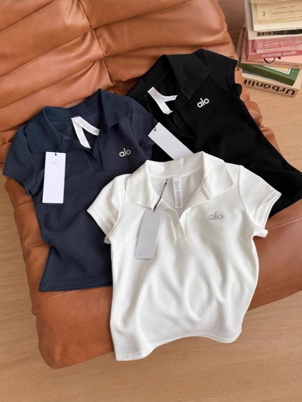 オリジナルラベルAホームLO立体文字ポロカラー半袖Tシャツレディース右肩スリムショートヨガスポーツトップ純綿|undefined