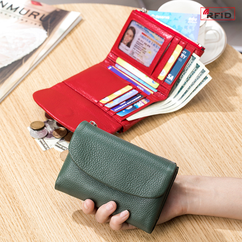本革ショートウォレット RFID ファッション ソフトレザー質感 ハンドバッグ 女性用 大容量収納バッグ 一層牛革財布|undefined