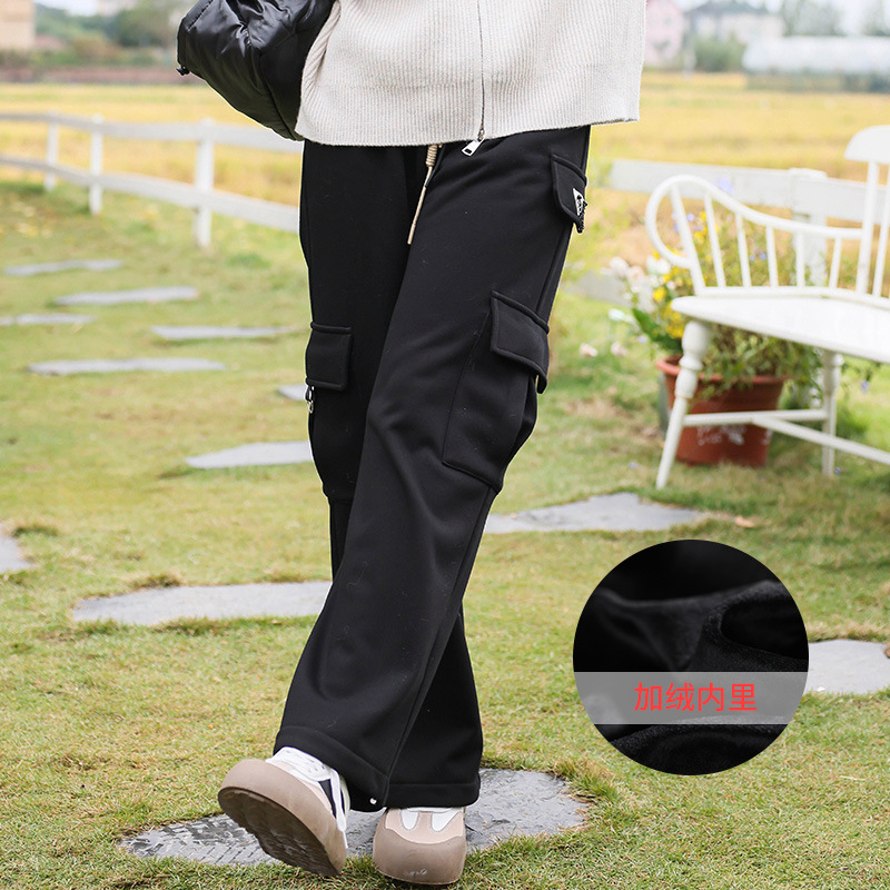 初高中学生黑色直筒工装休闲裤新款秋冬季2203大童加绒加厚女W370