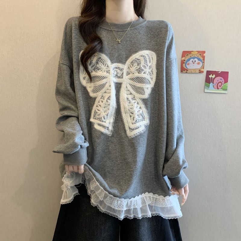 大码钩花边蝴蝶结圆领长袖T恤女秋冬新款宽松显瘦时尚中长版上衣|undefined