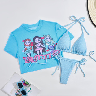2025 Europe and the United States cross-border new portrait printing drawstring strap three-piece swimsuit swimsuit bikini bikini