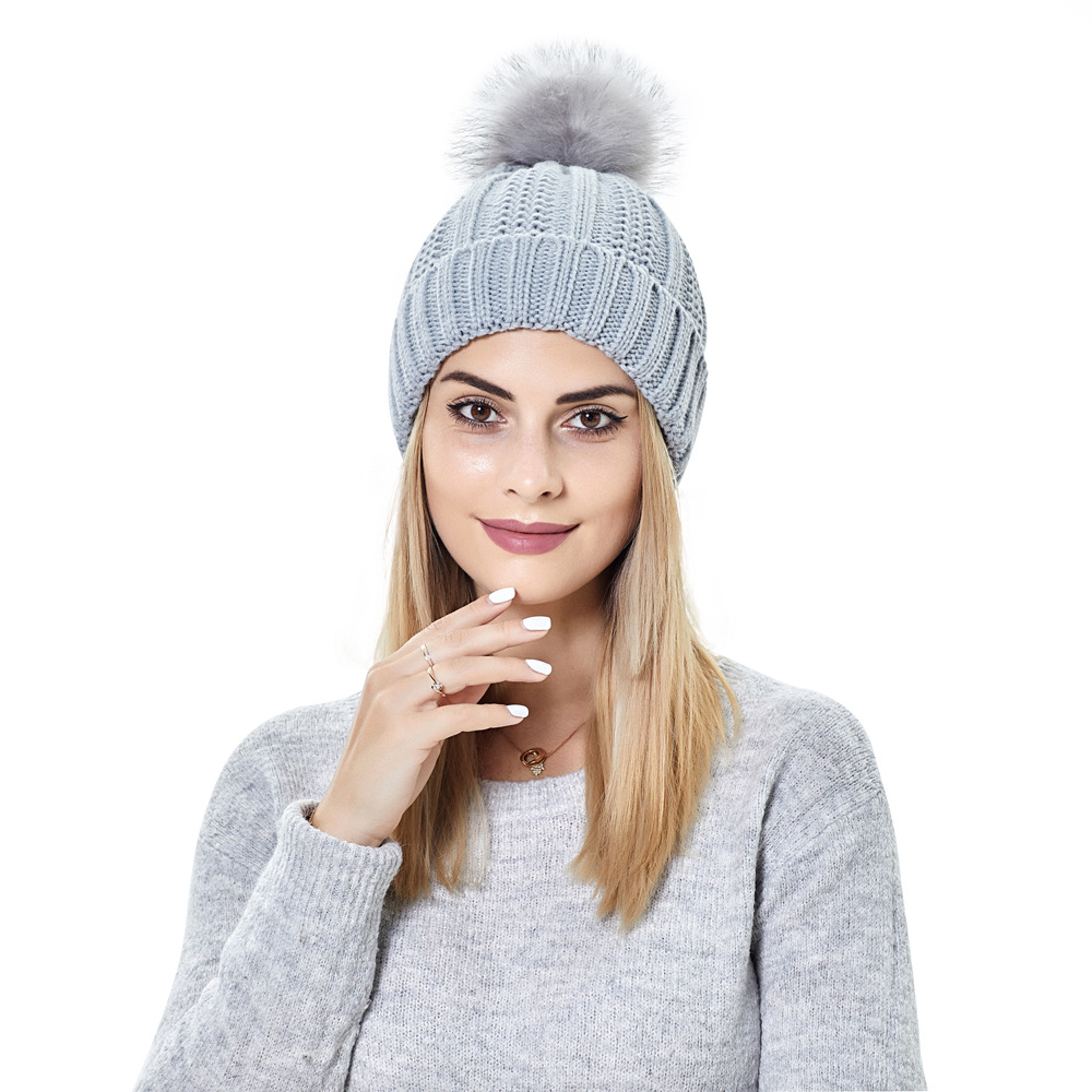 140g Weight Women's Simple Style Stripe Solid Color Pom Poms Wool Cap