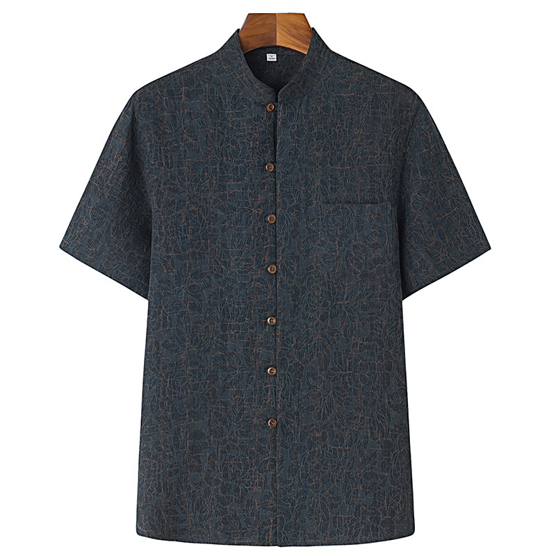 Men's Summer Cardigan Short Sleeve Crown Le Crepe Silk Xiangyun Yarn Stand Collar Men's Top Summer Mulberry Silk Shirt