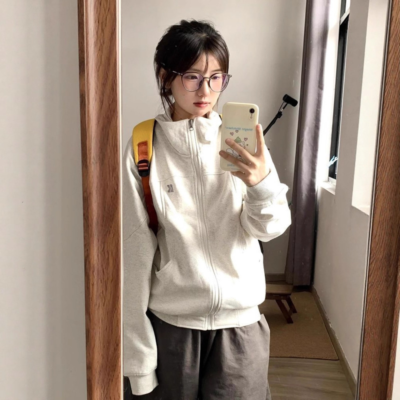 Stand Collar Embroidered Casual Zipper Sweatshirt Long-Sleeved Women's Autum Korean Fashion Small Loose Trendy Brand Cardigan Jacket