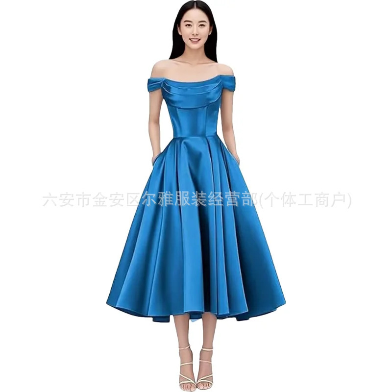 European and American Foreign Trade Off-The-Shoulder Evening Dress, Cross-Border Amazon Light Luxury Satin Ball Gown, Party and Daily Wear Mid-Length Dress European and American Foreign Trade Off-The-Shoulder Evening Dress, Cross-Border Amazon Light Luxury Satin Ball Gown, Party and Daily Wear Mid-Length Dress