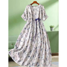 现货小个子遮肚子端庄大气碎花棉麻系带连衣裙子女夏2025新款