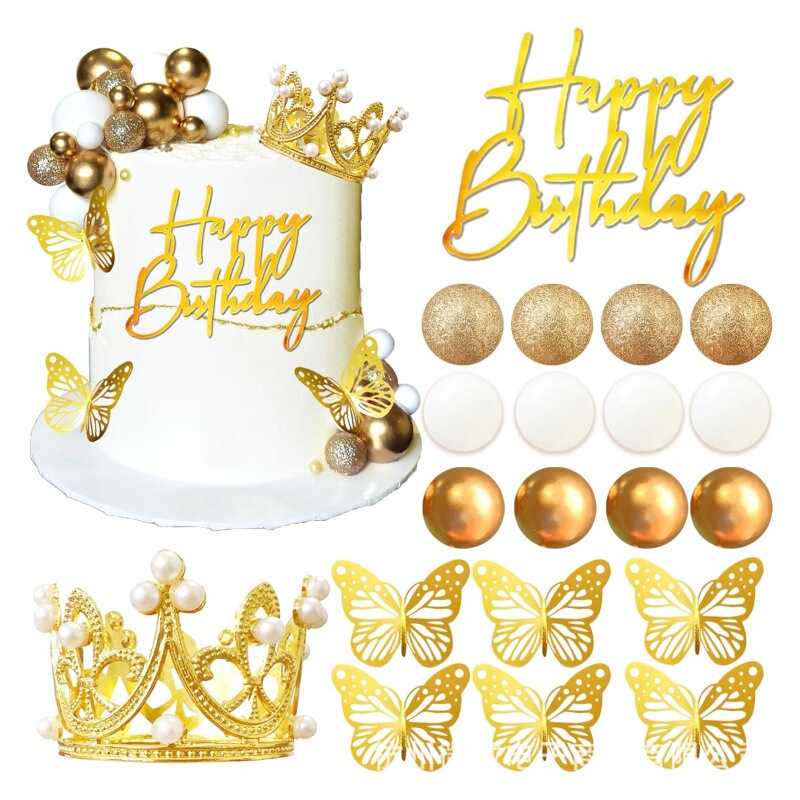 クラウンケーキトッパー アクリル ハッピーバースデー バタフライ 誕生日 結婚式 ベビーシャワー パーティー装飾用|undefined
