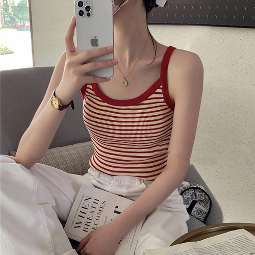  Trendy French Striped Tank Top for Women, Wearable as Outerwear, Pure Desire Hong Kong Style Knit Bodysuit, Sleeveless, Fitted Backless Top, Autumn