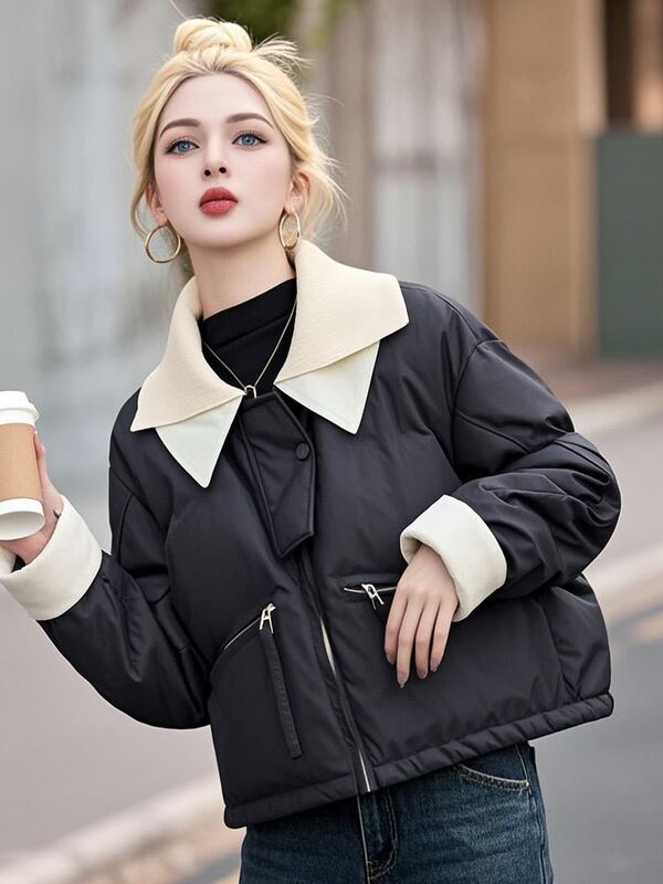 2025羽绒棉服女新款针织翻领皮衣短款冬季新款保暖棉袄外套PU棉厚|undefined