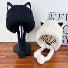 韩版软萌甜妹猫耳毛线帽子女百搭包头护耳保暖针织帽学生新款冬帽