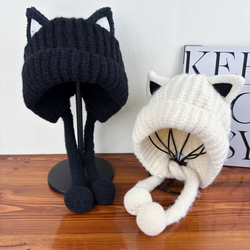 韩版软萌甜妹猫耳毛线帽子女百搭包头护耳保暖针织帽学生新款冬帽