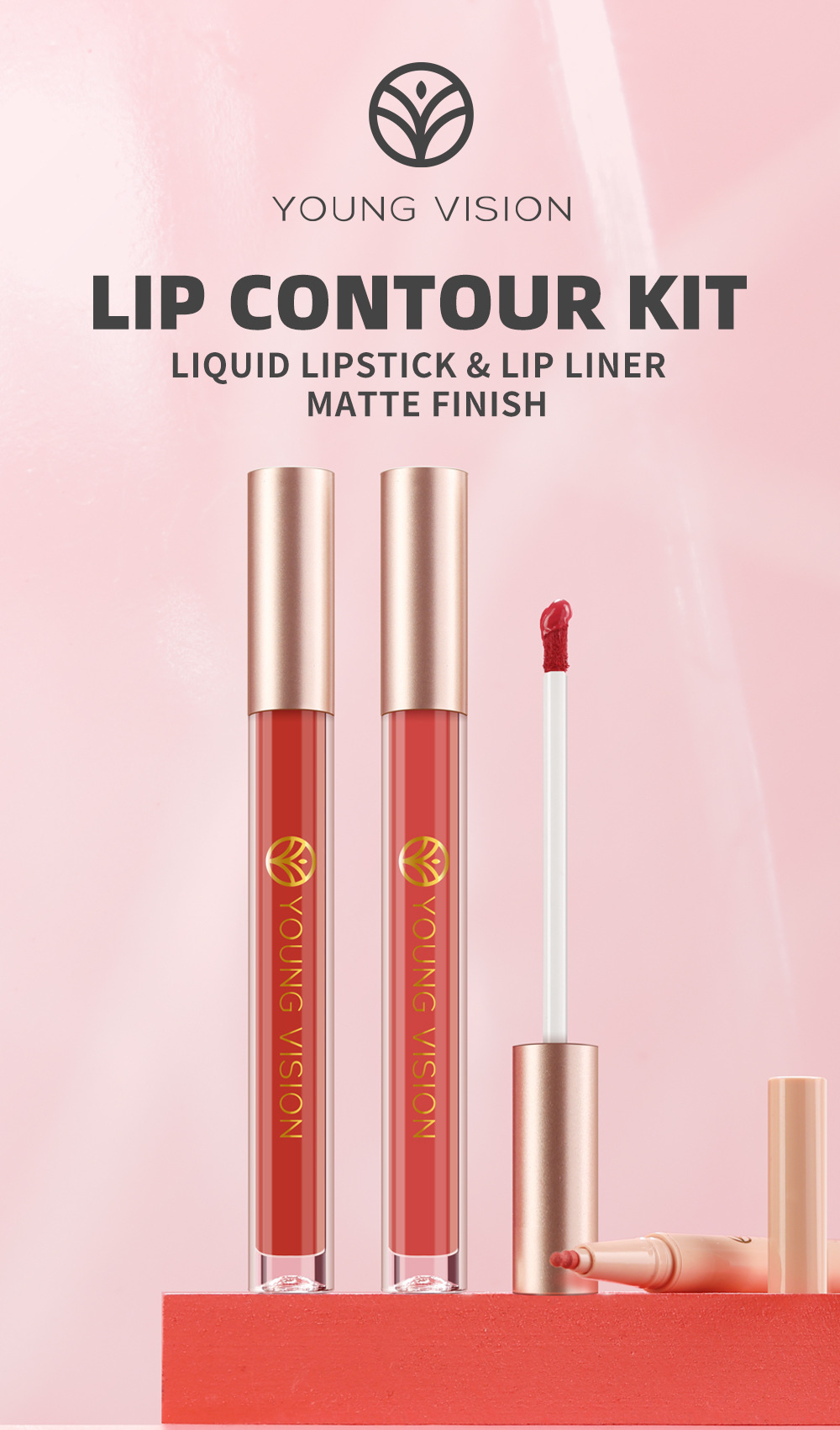 YOUNG VISION Lip Gloss + Lip Liner 2-piece Set. The gourd-tipped liquid lip liner is not easy to stick to the cup lip gloss details Picture
