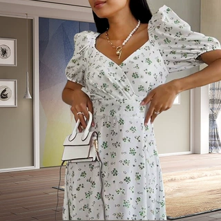 亚马逊欧美女装性感V领修身气质连衣裙 2024夏季复古印花长裙子女