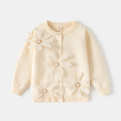 2025年秋新作子供服女の子用単層綿糸カーディガン韓国風ベビー大花柄シングルボタンセータージャケット